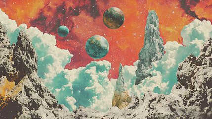 Wall Mural - Surreal vista of floating planets amidst fluffy clouds jagged peaks and a vibrant otherworldly sky.