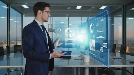 Poster - a person standing in front of a computer screen with a serious expression.