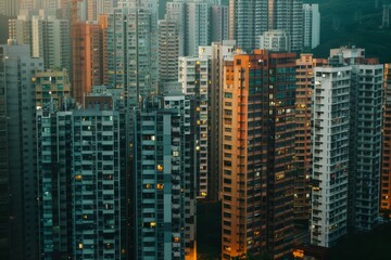 A densely populated urban cityscape with tall apartment buildings in Hong Kong, viewed from above, Steel frame framework housing a bustling metropolis within its walls