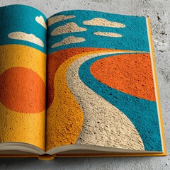 Fototapete - Open Book with Abstract Colorful Landscape Illustration on Rough Concrete Surface