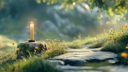 Wall Mural - A lit candle perched on top of a rock, warm glow in the dark.