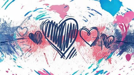 Poster - Various heart shapes in blue and pink hues are artistically drawn on a textured background, showcasing a vibrant and creative atmosphere filled with love.