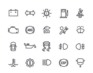 car dashboard line icons set. simple symbols with vehicle service and warning sign, battery and seat