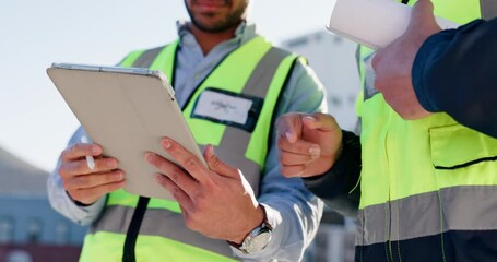 Aufkleber - Engineering, tablet and teamwork with hands of people in city for project management, digital blueprint and planning. Architecture, technology and design with contractor for urban development