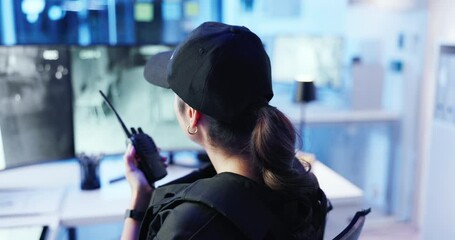 Poster - Communication, security guard and person with radio, surveillance and inspection of footage in office. Control room, law enforcement and woman with tech for safety, back and service for observation
