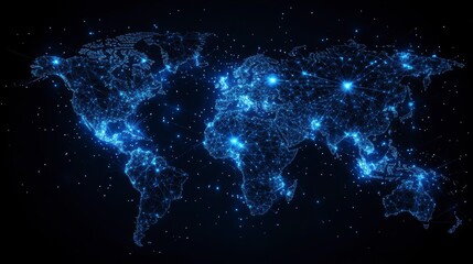 world map made of glowing dots, connected with lines on black background