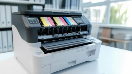 Wall Mural - a printer sitting on a white table, ideal for office or desk scenes.