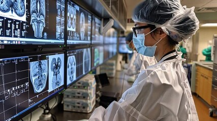 Poster - This Medical professional reviews detailed scans in a healthcare facility's imaging lab.