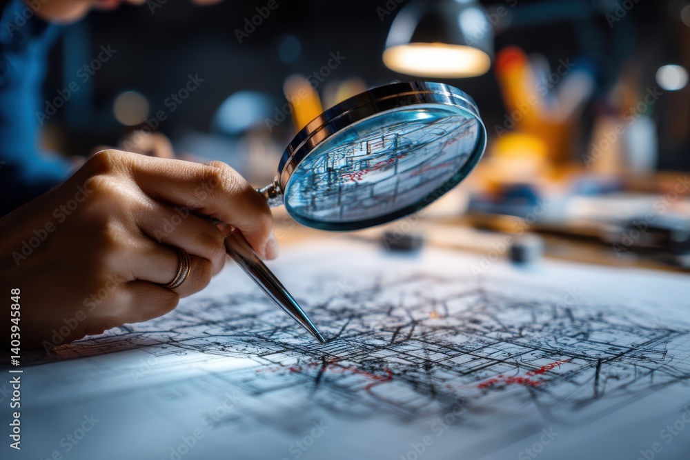 Investigating a detailed city map with a magnifying glass, revealing ...