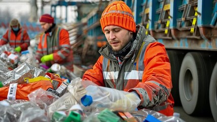 Aufkleber - Two workers dressed in bright safety gear meticulously sort through various recyclable materials at a facility.