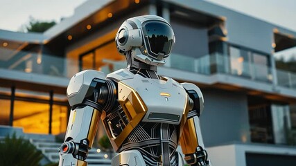 Aufkleber - A sleek, humanoid robot is positioned outside a contemporary estate during twilight. The architecture features large windows and a minimalist aesthetic, reflecting innovation and luxury.