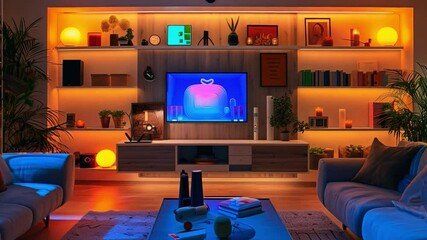 Fototapete - A stylish living room is illuminated by soft, colorful lights creating a warm atmosphere. Comfortable furniture and decorative accents enhance the inviting vibe as evening falls.