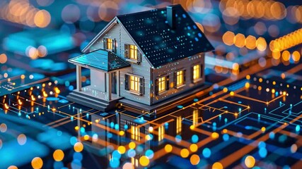 Aufkleber - A miniature house sits at the center of a vibrant digital landscape, surrounded by illuminated circuitry and soft bokeh effects.