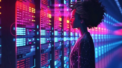Fototapete - A woman stands in front of glowing data panels, captivated by the vibrant colors and information displayed, highlighting the intersection of technology and human curiosity.