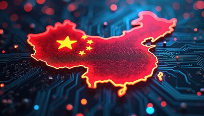 Leinwandbilder - China map outline, flag colors red, yellow glowing. Futuristic circuit board digital technology backdrop. High-tech data streams, innovation, modern design, connectivity, global network.