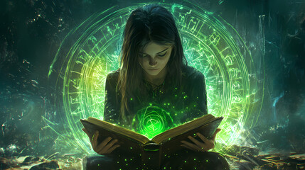 Wall Mural - Mystical woman reading ancient book surrounded by glowing green runes. Arcane Saga. Illustration