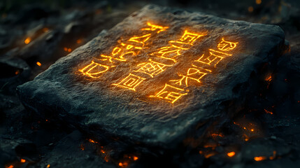 Wall Mural - Ancient stone tablet glows with unknown symbols. Mythic Glyphs. Illustration