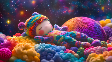 Wall Mural - A crocheted doll resting on a colorful planet in a whimsical space scene, with bright stars, colorful nebulae, and playful cosmic features, Cosmic Knitwork. Illustration