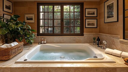 Poster - This relaxing hot tub invites serenity surrounded by plants and natural light through the window.