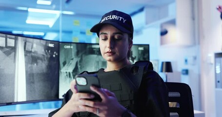 Poster - Security guard, surveillance and woman with phone for cctv app, text and typing at night. Officer, monitor station and technology in control room with footage for safety, watch video and protection