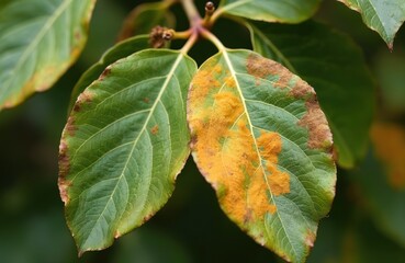close-up pear tree leaves affected by gymnosporangium sabinae fungal disease. visible orange rust sp