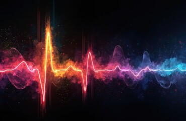 Aufkleber - Colorful abstract heartbeat concept against black backdrop. Visual representation of medicine health cardiology and frequency. Neon lights, waveform, dynamic energy pulse, digital tech illustration.