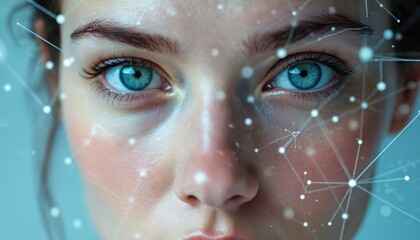 Fototapete - Woman face with data visualization grid. Concept of AI, facial recognition, tech. Digital network connects dots. Future technology innovation, cyber security, biometric scan. Deepfake tech, content