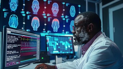 Aufkleber - A healthcare specialist is focused on analyzing brain, scans and vital signs displayed on multiple monitors in a high-tech medical environment during the evening.