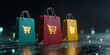 © Mirivox - Three shopping bags, teal, red, and yellow, feature glowing shopping cart icons.  They showcase online shopping and e-commerce concepts