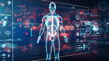 Aufkleber - A digital representation of the human body is surrounded by interactive health metrics and diagnostics, showcasing a future of healthcare technology that enhances patient understanding and engagement.