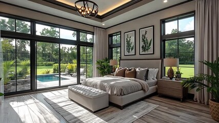 Aufkleber - This modern bedroom features large windows offering a view of the pool and garden.