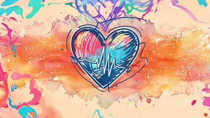 Poster - A vibrant abstract composition features a heart outline with a heartbeat line at its center. Bold colors and swirling patterns evoke feelings of love and energy, creating a lively atmosphere.