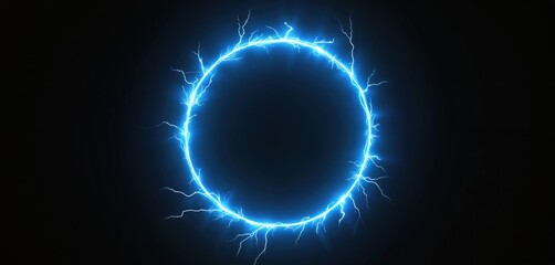 Poster - Blue neon lightning ring against black backdrop. Abstract energy circle illustration, 3d render. Electric discharge with bright sparks. Power concept. Illustration for tech, sci-fi, energy projects.