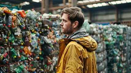 Aufkleber - In a recycling facility, a man in a yellow jacket attentively looks over a vast array of collected plastic bottles, considering their potential for reuse.