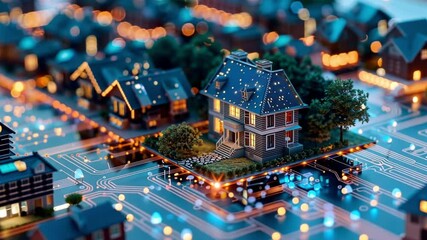 Aufkleber - A charming estate sits at the center of a dynamic urban landscape filled with glowing circuits and intricate lights. This blend of technology and architecture highlights innovation and creativity.