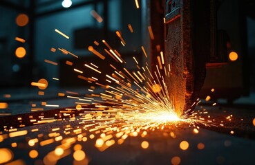 Poster - Intense industrial scene shows sparks flying from cutting metal. Bright light against dark backdrop in workshop. Sparks, fire, electricity, tech, industry, construction, engineering concept.