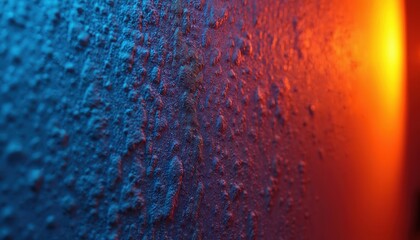 Poster - Abstract wall texture with neon blue and red lighting. Grunge style. Rough, uneven surface. Futuristic modern background for design, art, product shots. Dark interior atmosphere, electric lamp glow.