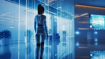 Aufkleber - A person stands in a high-tech real estate office, surrounded by digital displays and glowing blue lines.