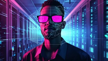 Poster - An individual appears deep in thought within a data center, surrounded by glowing screens and illuminated server racks, indicating a blend of technology and creativity.