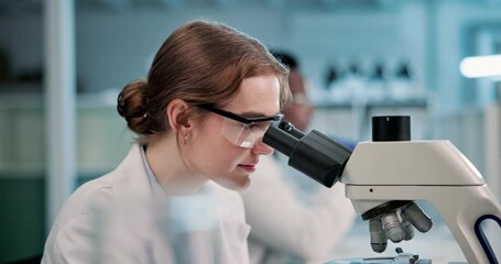 Aufkleber - Woman, scientist and forensic with microscope for research, new discovery or examination at laboratory. Female person or biologist looking through scope for science, dna test or chemistry at lab
