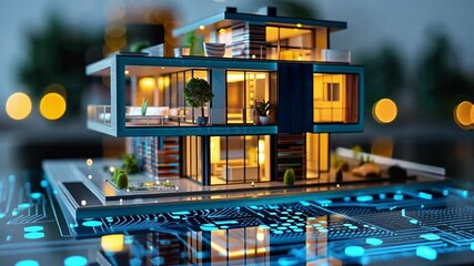 Leinwandbilder - A contemporary estate showcases sleek architecture with large windows and elegant landscaping. The vibrant lighting emphasizes its innovative design amidst a dynamic digital backdrop.