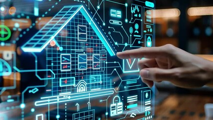 Aufkleber - A person interacts with a digital display showcasing smart home technology. The workspace is modern, well-lit, and features various tech elements that enhance connectivity.