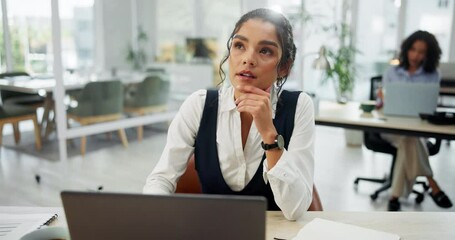 Poster - Thinking, business woman and laptop in office reading message for social media or online communication. Idea, female person and tech in workplace for networking, brainstorming or web conversation