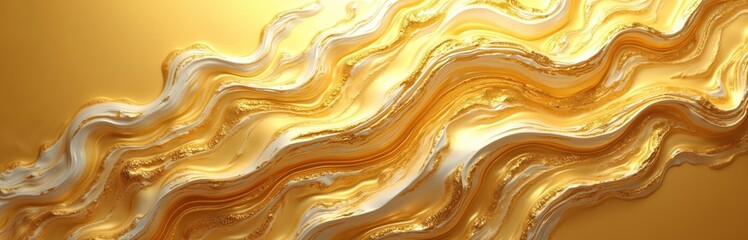 Poster - Abstract illustration golden liquid texture, flowing waves on yellow background. Luxurious metallic effect with gold glitter, suitable for premium design. Use for advertising, design, fashion,