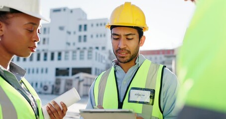 Aufkleber - Engineering, tablet and teamwork with group of people in city for project management, digital blueprint and planning. Architecture, technology and design with contractor for urban development