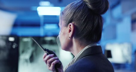 Poster - Night, woman and radio in control room for security, protection service and communication report. Late, back guard and tech in office for surveillance, contact and building safety update with CCTV