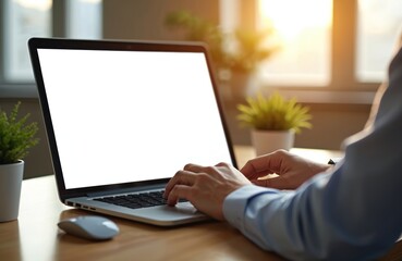 Aufkleber - Man works computer, laptop, blank screen. Business, work, office, desk. Person hands typing, searching online. Modern workplace, digital device, technology, data, information, internet, website.