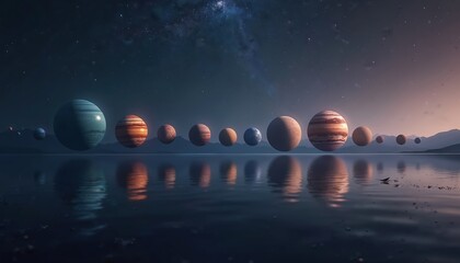 Aufkleber - Cosmic alignment planets stars sequence reflected water surface. Planets array floating over the water. Beautiful space landscape with starry sky. Astronomy, science, universe concepts.