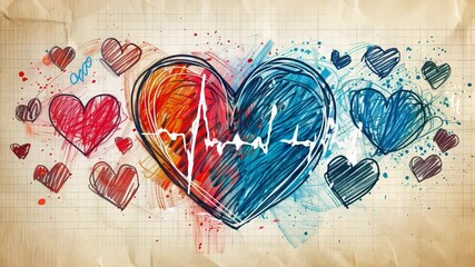 Poster - A vibrant design showcases a heart divided into red and blue sections, featuring a heartbeat line across it. Surrounding hearts add depth and emotion, creating a lively atmosphere.