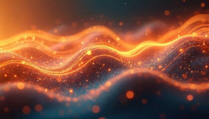 Poster - Abstract musical wavy background with orange lines. Shiny bokeh lights, particles, waves create dynamic artistic effect. Digital art illustration, ideal for design, wallpaper, cover, poster.